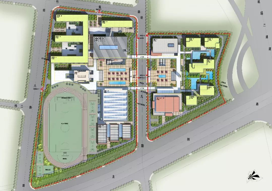 中华中学雨花校区中标方案总平面图鸟瞰效果图新校区共计20轨60班