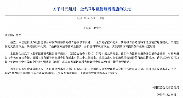 因署名研报存在问题中信建投武超则金戈被北京证监局约谈