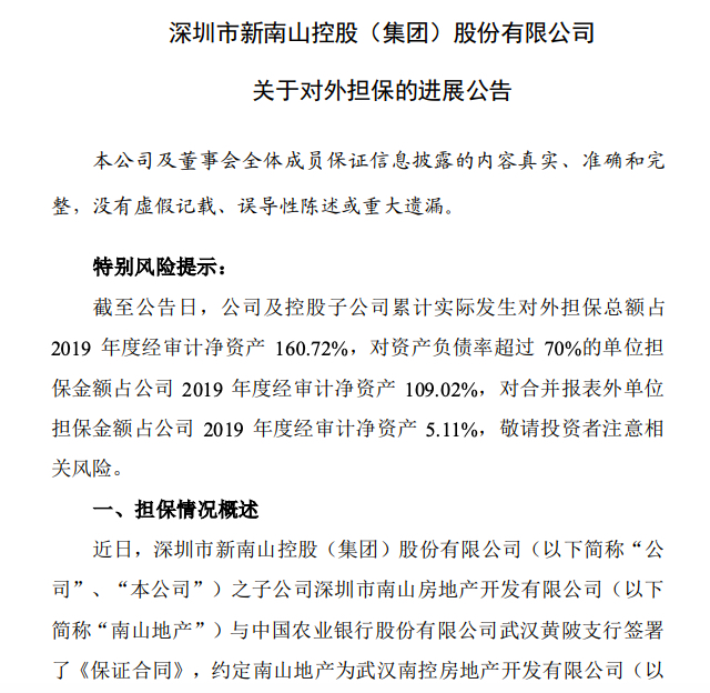 南山控股子公司南山地产为武汉南控房地产2亿元授信额度担保