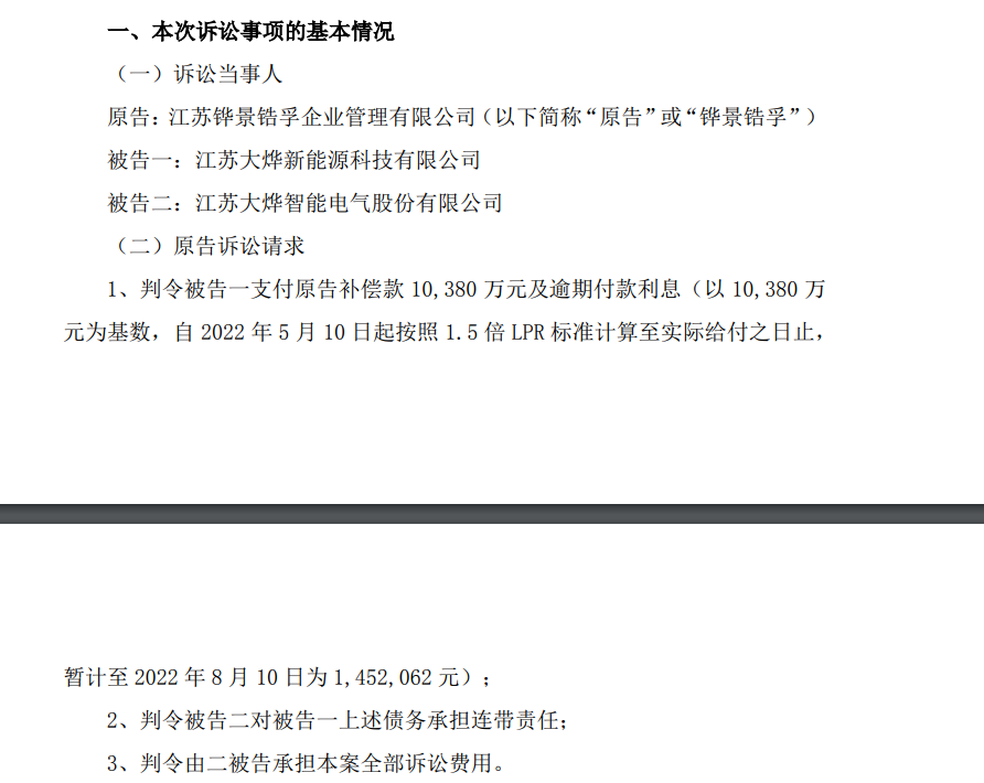 重组生变大烨智能及子公司被铧景锆孚起诉还款双方主张涉诉金额相差3