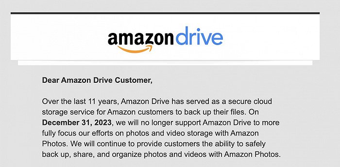 亚马逊将在2023年年底关闭AmazonDrive网盘服务