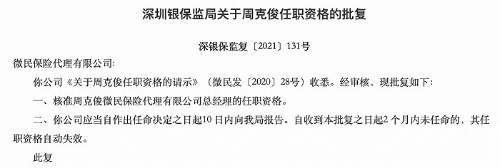 微保总经理周克俊任职资格获批 曾任平安产险高管