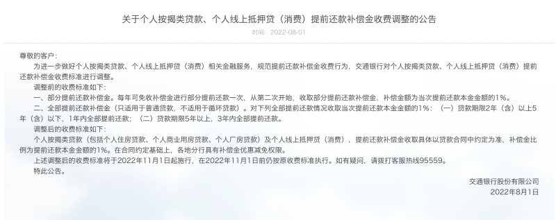 交行：11月起提前还房贷将收取还款补偿金为提前还款本金的1%