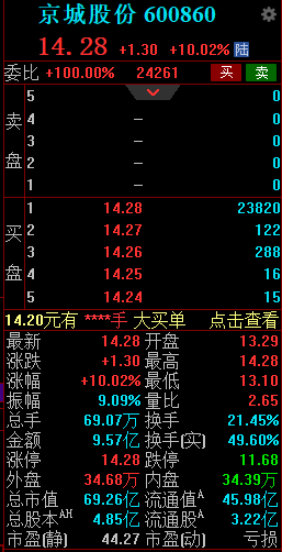 京城股份强势5连板近13个交易日累计涨幅超120%