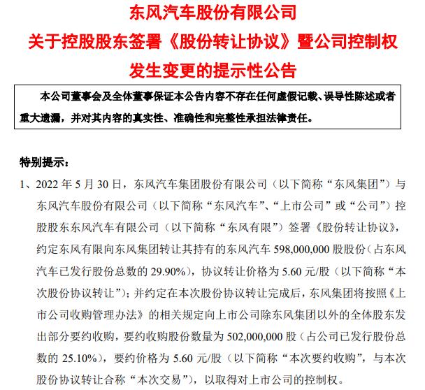 东风汽车股票明日复牌公司控股股东将变更为东风集团