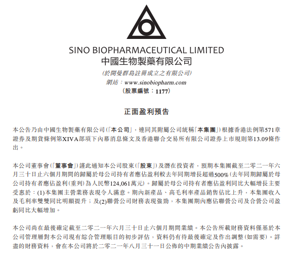 中国生物制药上半年盈利同比增长500抗肿瘤产品成营收主力