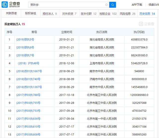 贾跃亭新增失信被执行人,累计总执行标的金额
