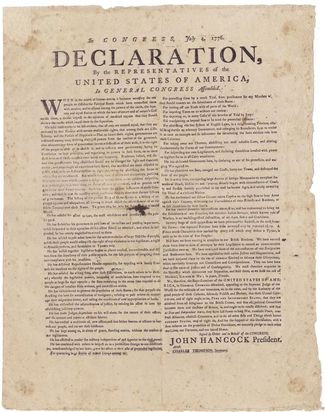 例如美国最重要的立国文书之一,1776年的《美国独立宣言》就是在麻纸