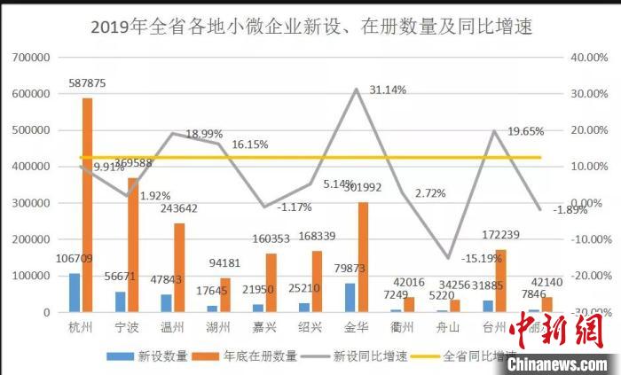 2019年浙江省各地小微企业新设、在册数量及同比增速。 