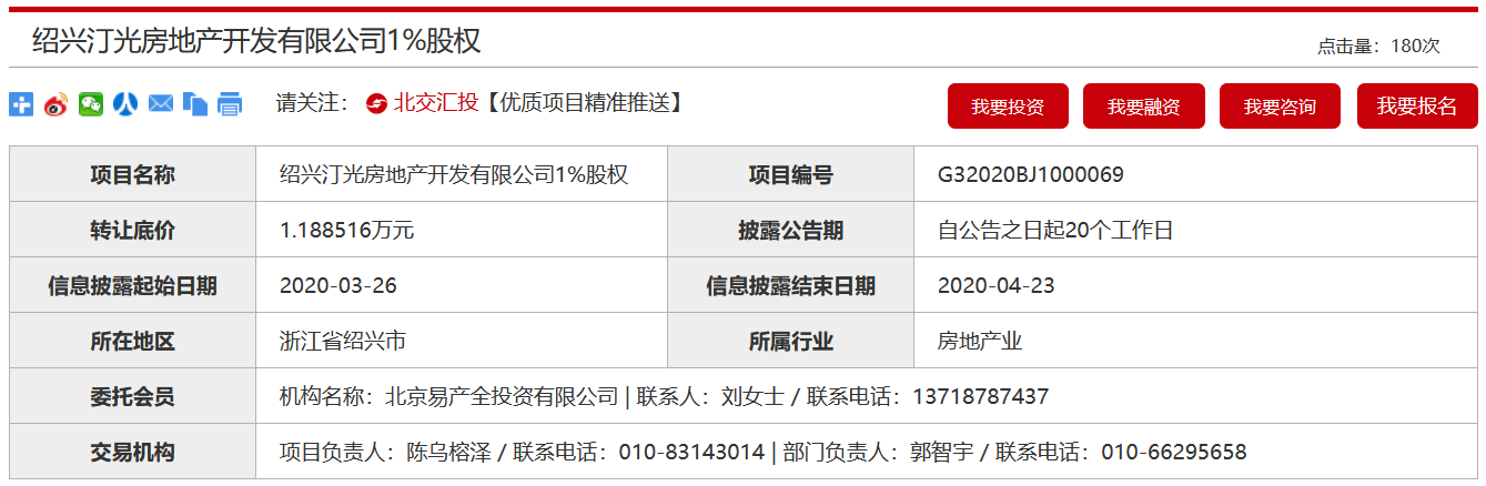 大悦城控股子公司拟1.19万元挂牌转让绍兴汀光1%股权-中国网地产