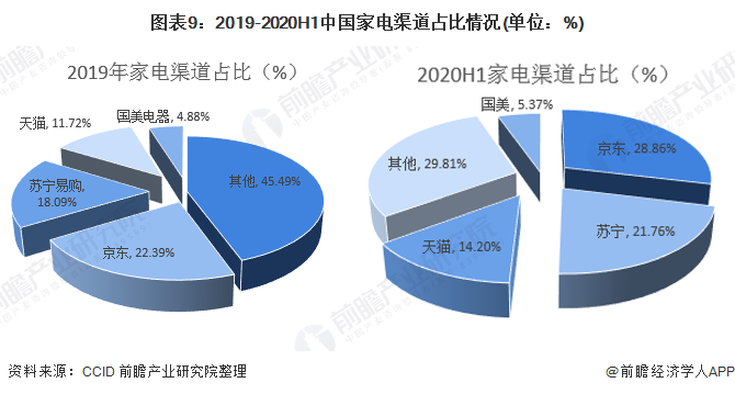 图表9:2019-2020H1中国家电渠道占比情况(单位：%)
