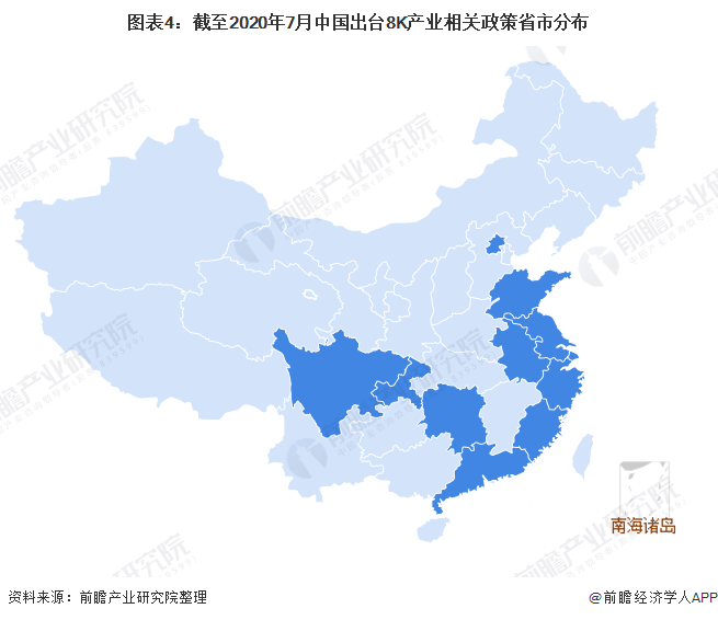 图表4:截至2020年7月中国出台8K产业相关政策省市分布