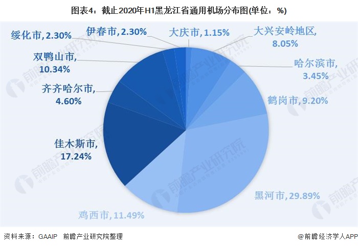 图表4:截止2020年H1黑龙江省通用机场分布图(单位：%)