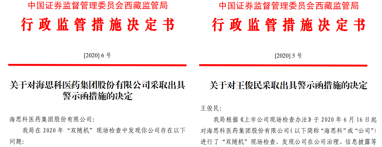 上市公司和控股股東人員等嚴重混同海思科及實控人收警示函