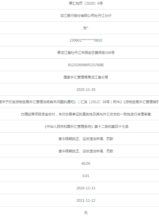 龍江銀行牡丹江分行違法遭罰未對單證真實性合理審查