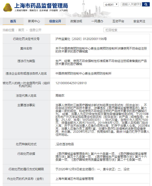 中国疾病预防控制中心寄生虫病预防控制所“生产、经营、使用不合格医疗器械”被罚