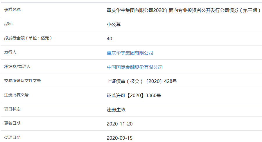 华宇集团40亿元小公募公司债券在上交所注册生效