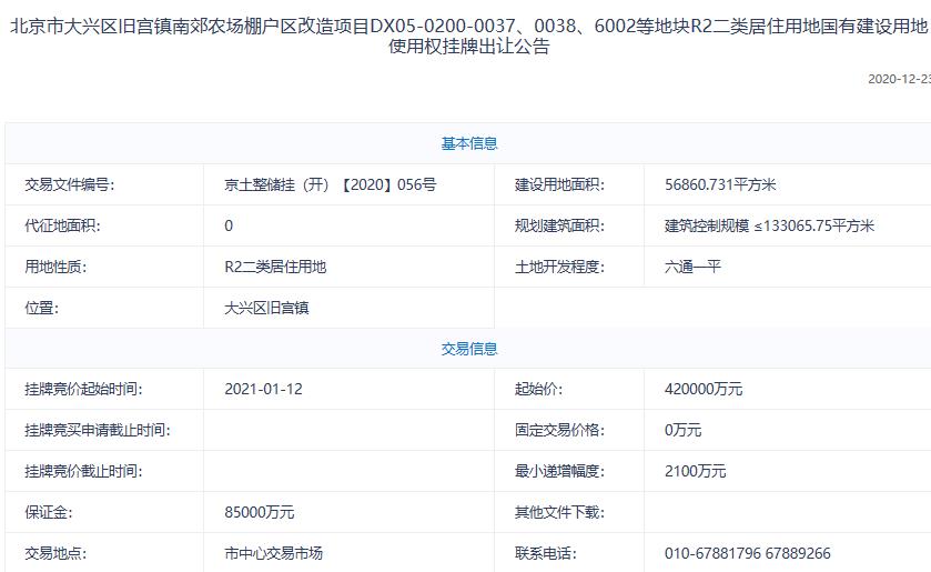 北京101.4亿元挂牌4宗地块 