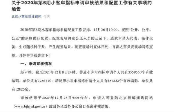 截至2020年12月8日24时 北京新能源车指标申请人数超过48万