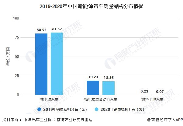 2019-2020年中国新能源汽车销量结构分布情况