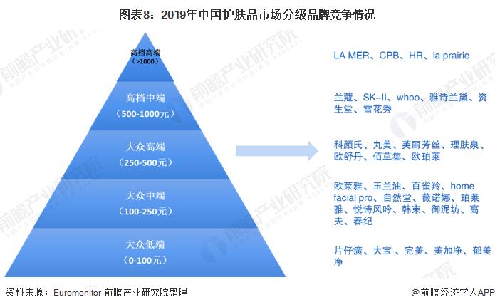 图表8:2019年中国护肤品市场分级品牌竞争情况