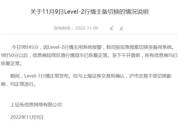 上证所信息公司：因Level-2行情主用系统报警 按应急预案切换至备用系统