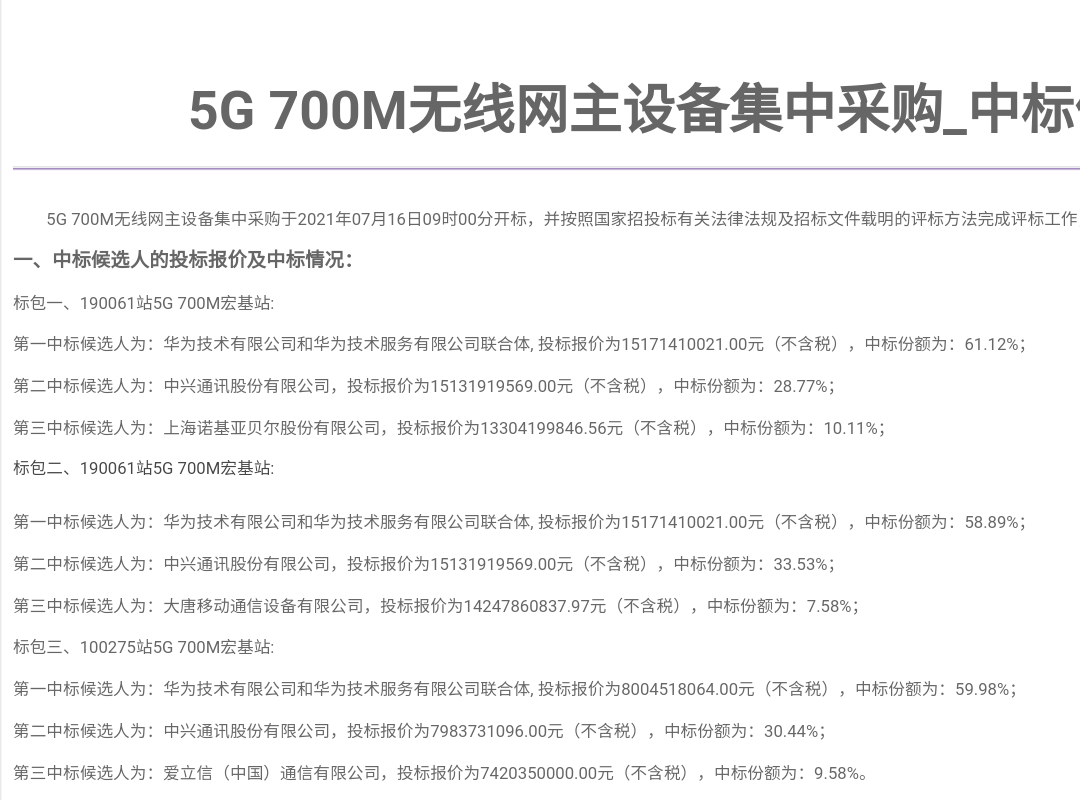 5g 700m基站集采结果出炉华为成最大赢家占六成份额 东方财富网