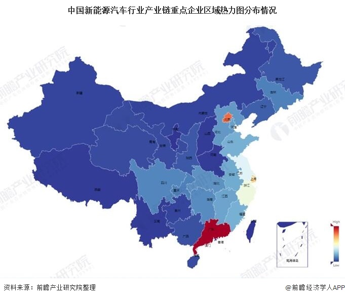 中国新能源汽车行业产业链重点企业区域热力图分布情况