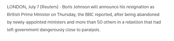 英国首相鲍里斯·约翰逊将于7日宣布辞去首相职务