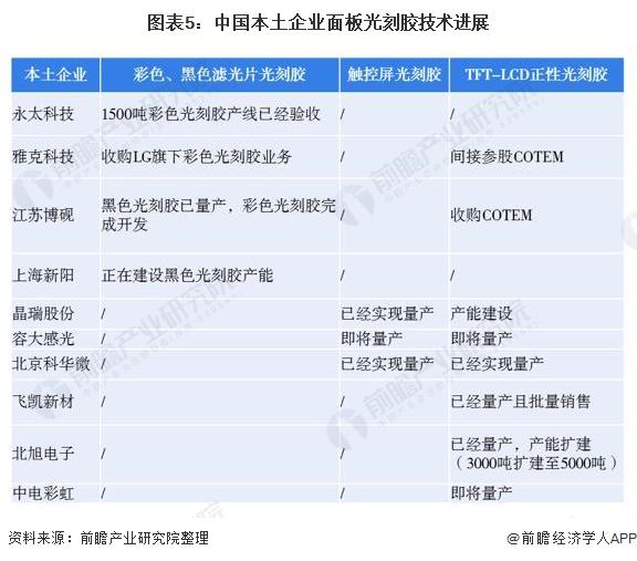 图表5:中国本土企业面板光刻胶技术进展