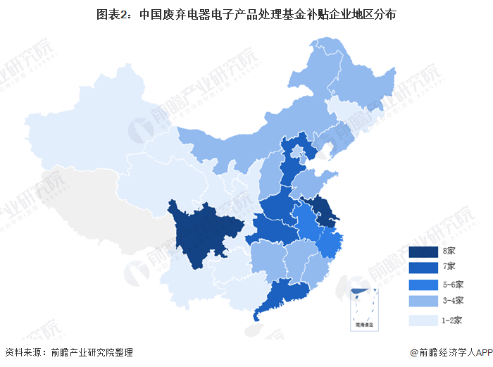 图表2:中国废弃电器电子产品处理基金补贴企业地区分布