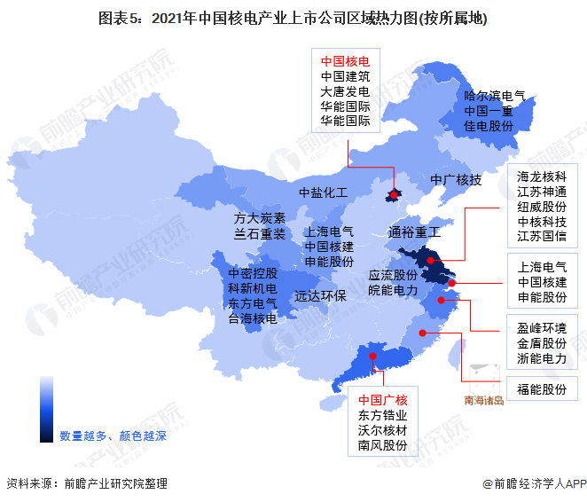 图表5:2021年中国核电产业上市公司区域热力图(按所属地)