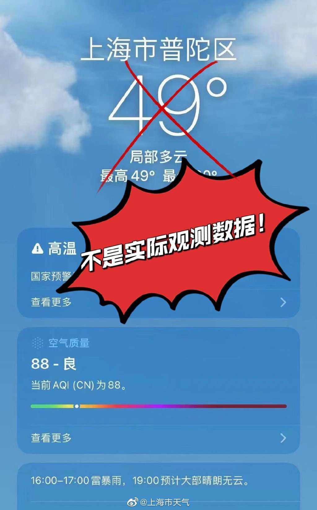 苹果手机自带软件显示上海气温50℃ 市气象局：非真实观测插图
