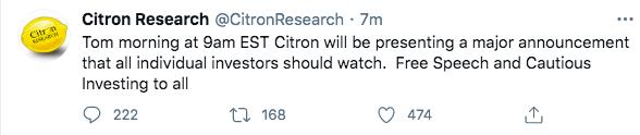 对冲基金citron:将会有关于言论自由和谨慎投资的重大事件宣布