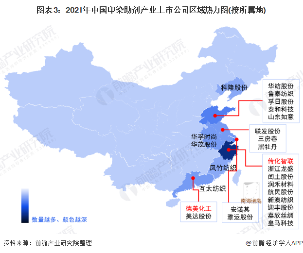 图表3:2021年中国印染助剂产业上市公司区域热力图(按所属地)