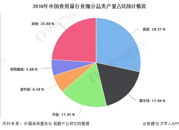 2019年中国食用菌行业细分品类产量占比统计情况