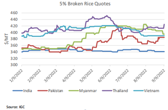 印度、泰国、越南等国5%碎米报价(数据来源：美国农业部9月全球谷物贸易与市场报告)