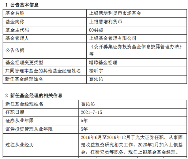 上银慧增利货币增聘基金经理葛沁沁与楼昕宇共同管理 东方财富网