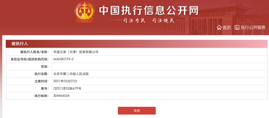 的华谊兄弟(天津)投资有限公司被北京市第二中级人民法院列为被执行人