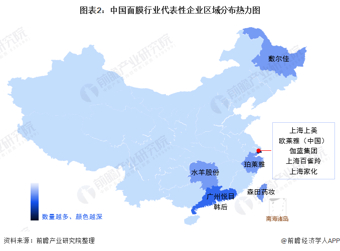 图表2:中国面膜行业代表性企业区域分布热力图