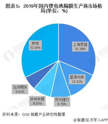 图表5:2019年国内锂电池隔膜生产商市场格局(单位：%)