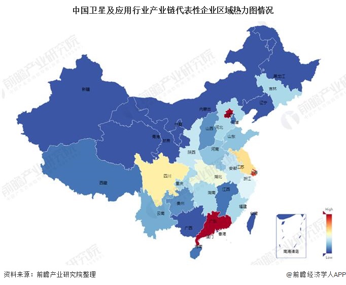 中国卫星及应用行业产业链代表性企业区域热力图情况