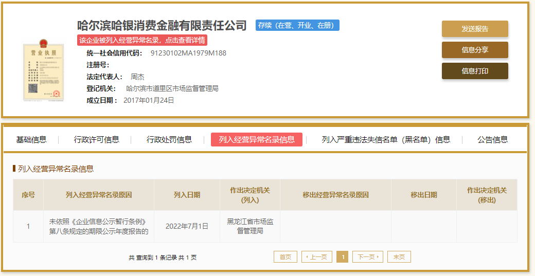 未按期公示年报 哈银消费金融被列入经营异常名录！去年营收9.6亿元