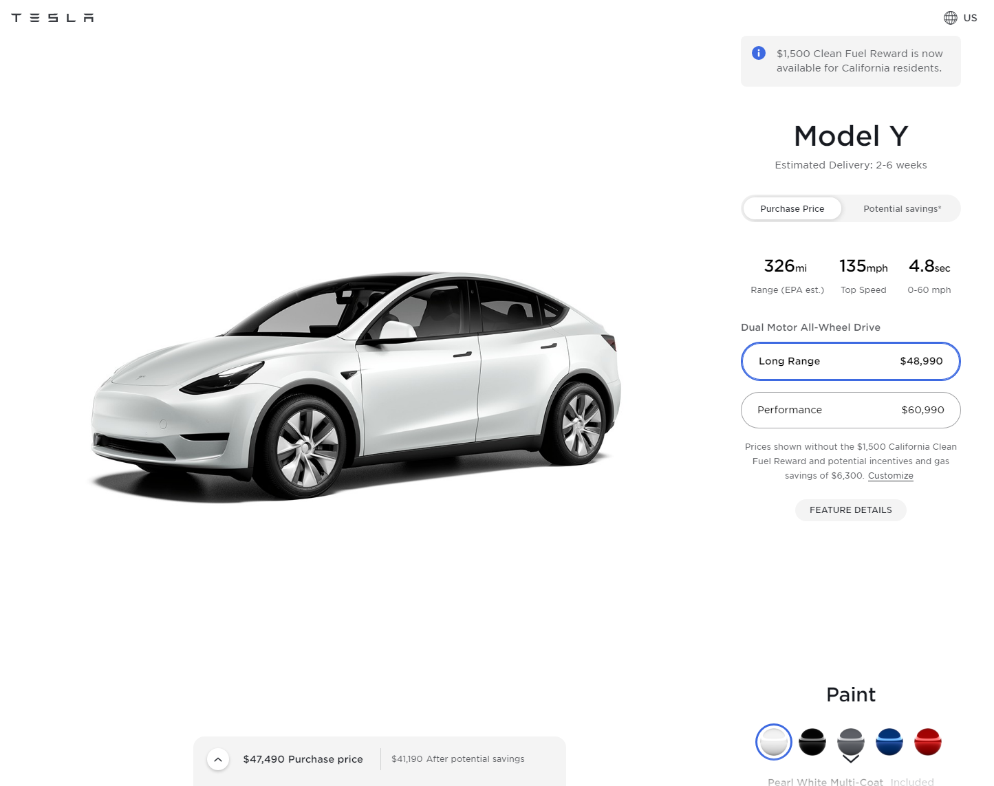 美版特斯拉model y长续航版起售价下调1000美元