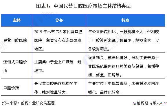 图表1:中国民营口腔医疗市场主体结构类型