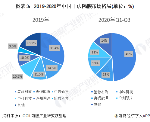 图表3:2019-2020年中国干法隔膜市场格局(单位：%)