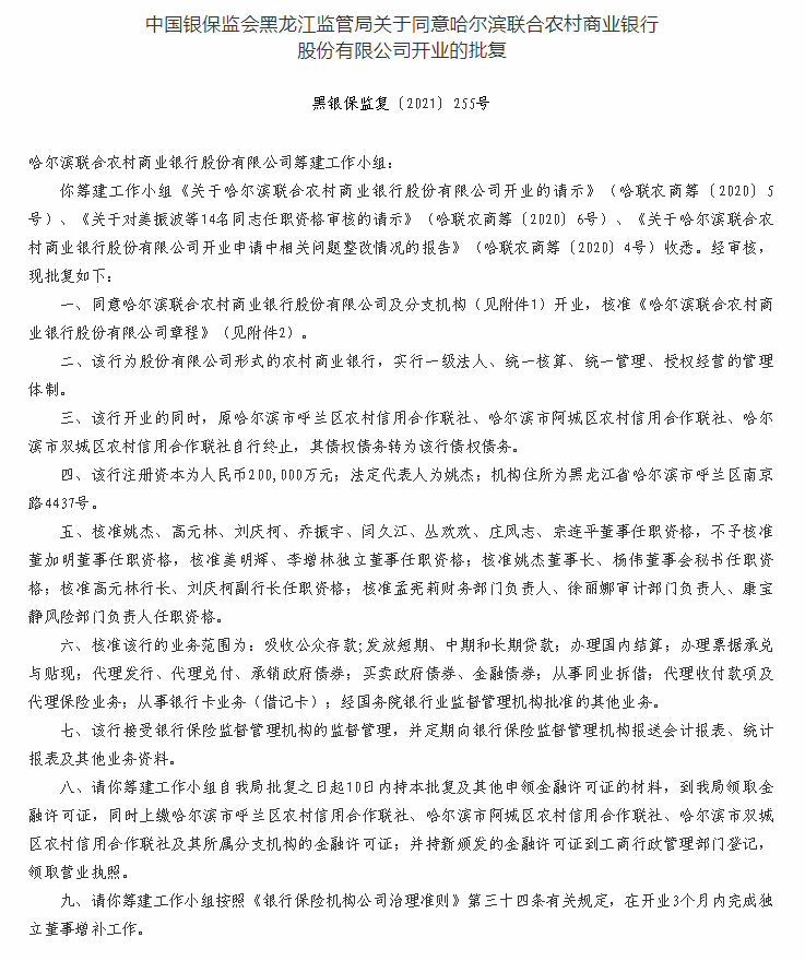 哈尔滨联合农商银行获准开业,最新消息
