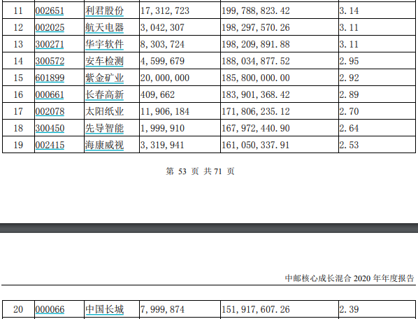 中欧核心成长2020年末第11至20位重仓股,来源:基金年报