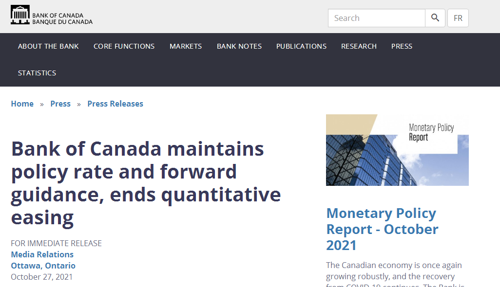 加拿大央行宣布结束量化宽松(资料来源：加拿大央行官网)
